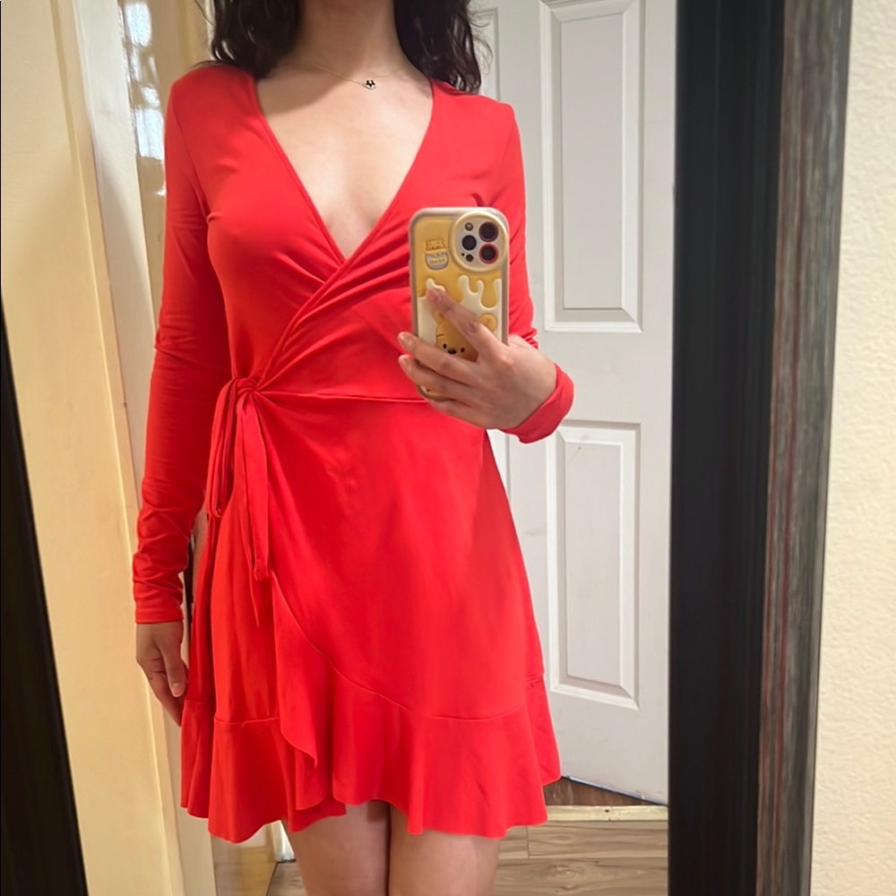 Divided Red Ruffled Wrap Dress Long Sleeve V-Neck
